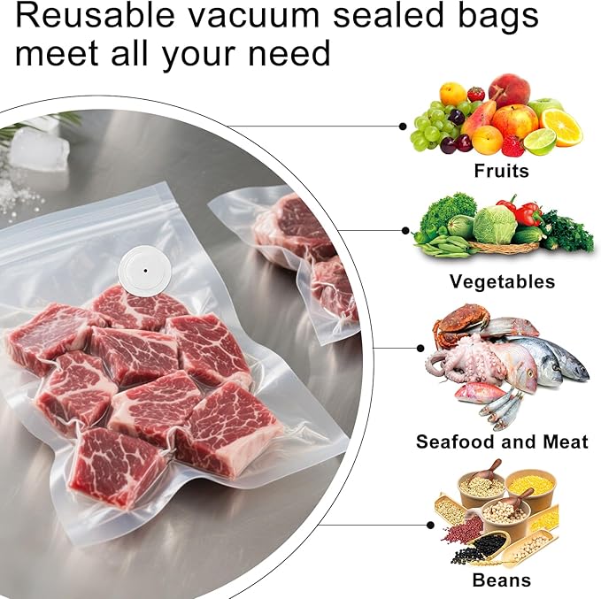 MEGAWISE Vacuum Zipper Bags 15Pcs (10 * 11in), BPA Free, Reusable Food Storage Bags with Air Valve for Sous Vide Cooking/Freezer/Microwave Heating, with 5 Seal Clips.