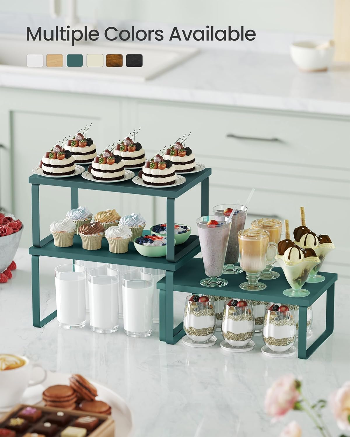 SONGMICS Cabinet Organizer Shelf, Set of 3 Kitchen Counter Shelves, Kitchen Storage, Spice Rack, Stackable, Expandable, Cascade Green UKCS220C01V1