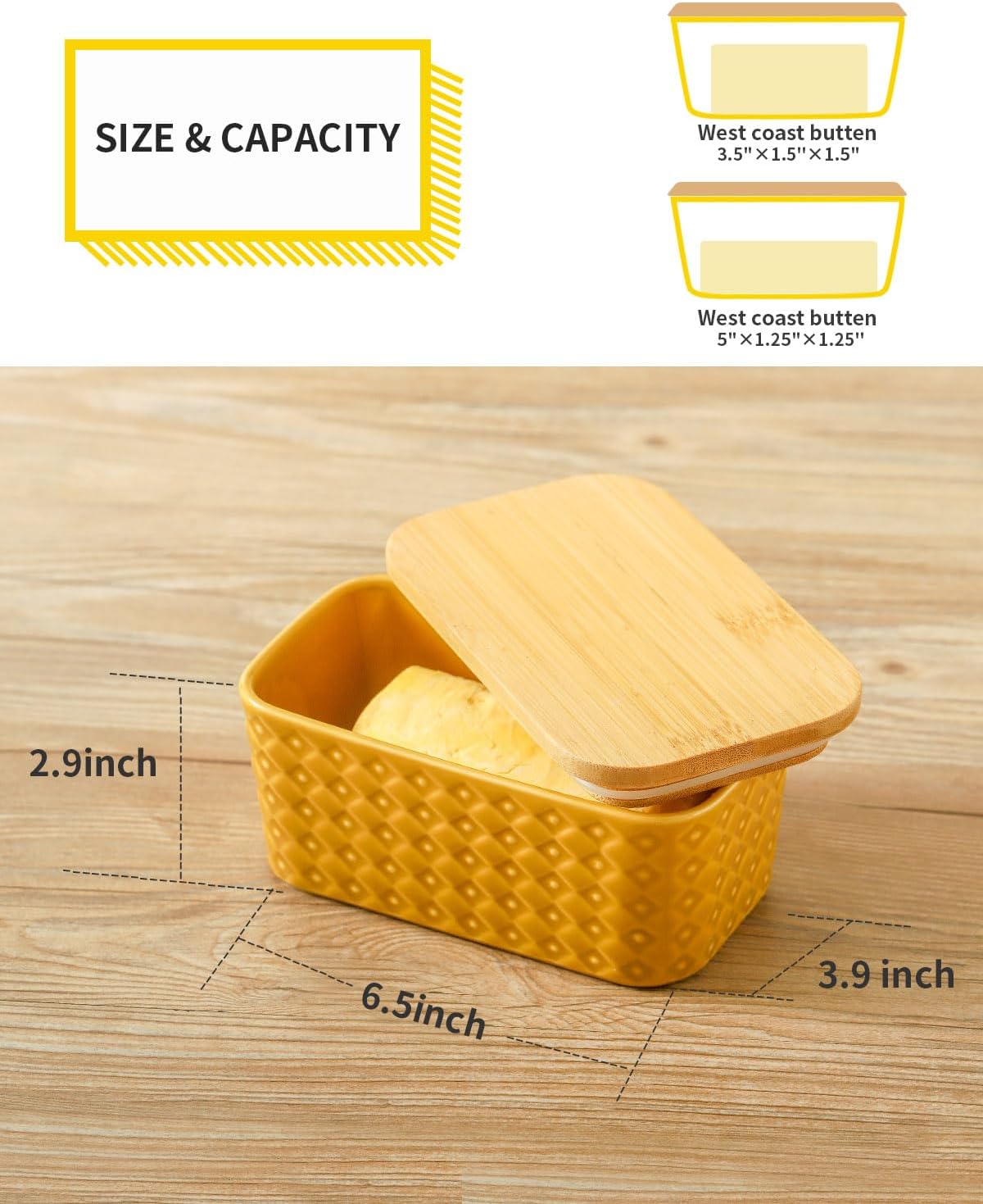Ceramic Butter Dish with Lid,Large Butter Container with Airtight Cover for Countertop or Refrigerator,Farmhouse Kitchen Butter Holder for Gift,Dishwasher Safe,Yellow Embossed Pattern