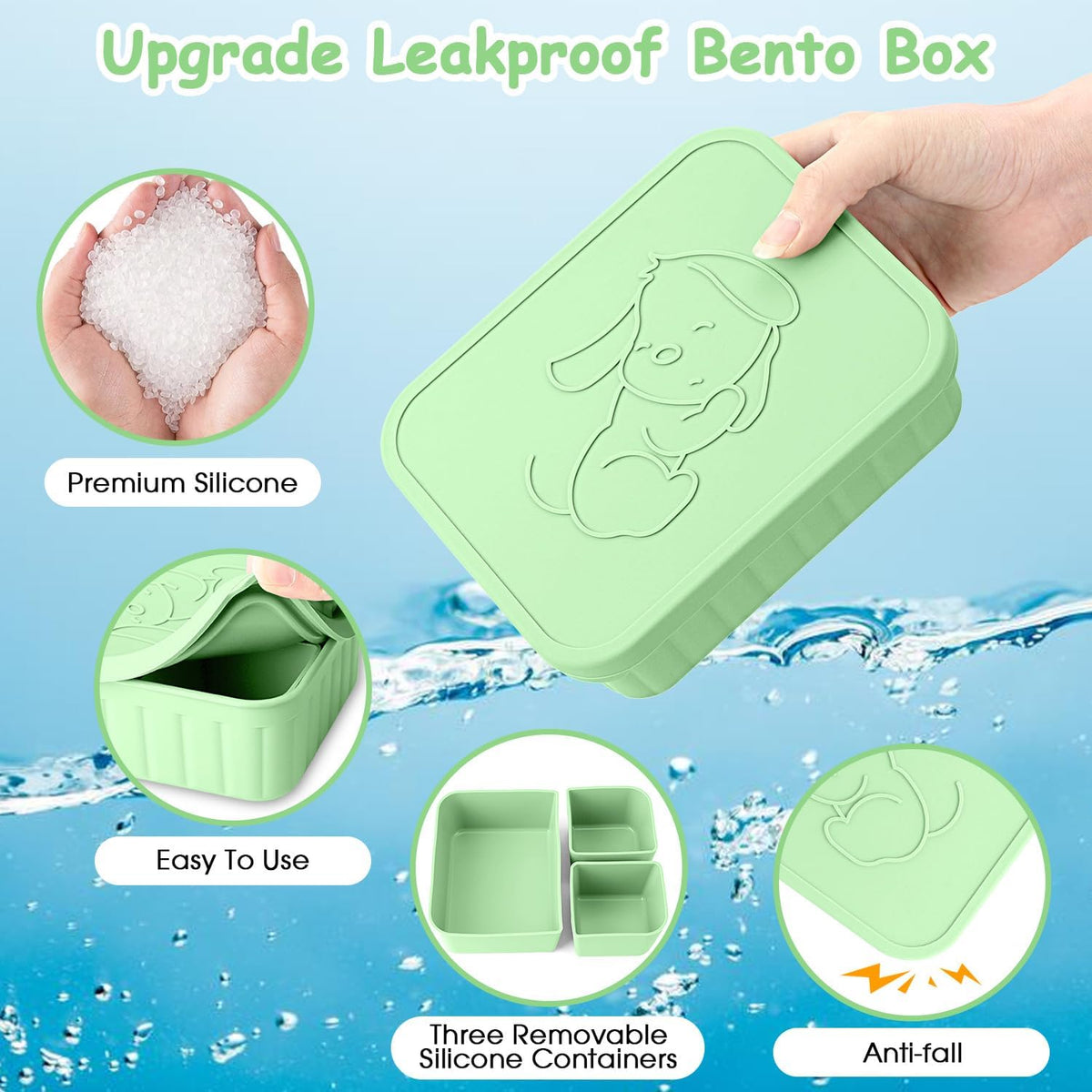 Bento Lunch Box for Kids-Reusable Silicone Kids Bento Box Lunch Container Leakproof Lunchbox Meal Prep Food Storage Containers with 3 Removable Compartments–Dishwasher Safe/BPA Free/Portion Control