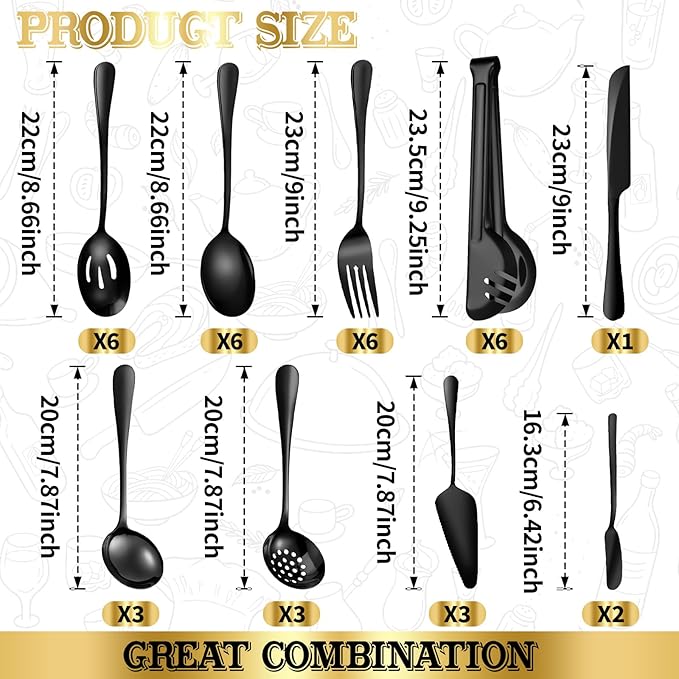 36-Piece Stainless Steel Serving Utensil Set – Complete Buffet Essentials with Spoons, Forks, Tongs, Ladle & More. Perfect for Wedding, Holiday, Catering, and Family Gatherings (Black)