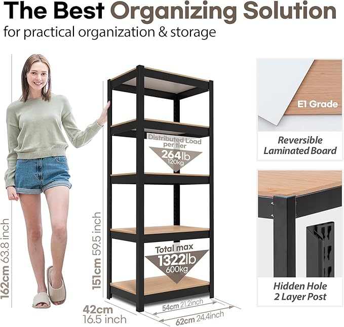 HOMEDANT House Black 5 Tier 24.4" W Laminated Metal Shelving Unit Adjustable Storage Utility Rack Heavy Duty Shelves Organization Multipurpose Shelf Kitchen Garage Pantry Closet 4 Pack