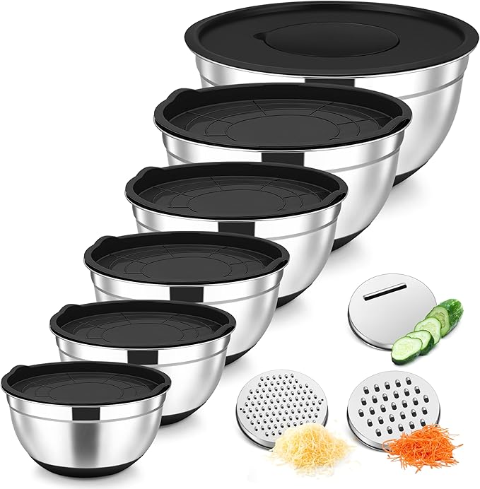 TeamFar Mixing Bowls, 6 PCS Stainless Steel Nesting Salad Bowl with Lids & 3 Graters, For Kitchen Cooking Serving Prepping, Airtight & Non-Slip, Size 4.6/3.5/2/1.5/1/0.7 QT, Black