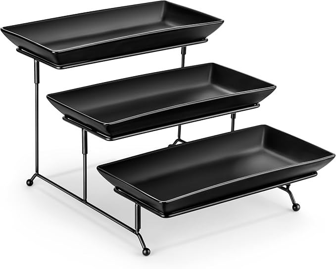 MALACASA 3 Tier Serving Tray, Porcelain Tiered Serving Trays Platters, 12 Inch Serving Stand with Platters,Black Dessert Stand with Collapsible Sturdier Metal Rack,Series PLAT