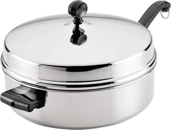 Farberware Classic Series Anniversary Edition Stainless Steel Sauté Pan and Lid with Helper Handle, Induction Suitable, 6 Quart Jumbo Cooker, Metal Utensil Safe - Stainless Steel
