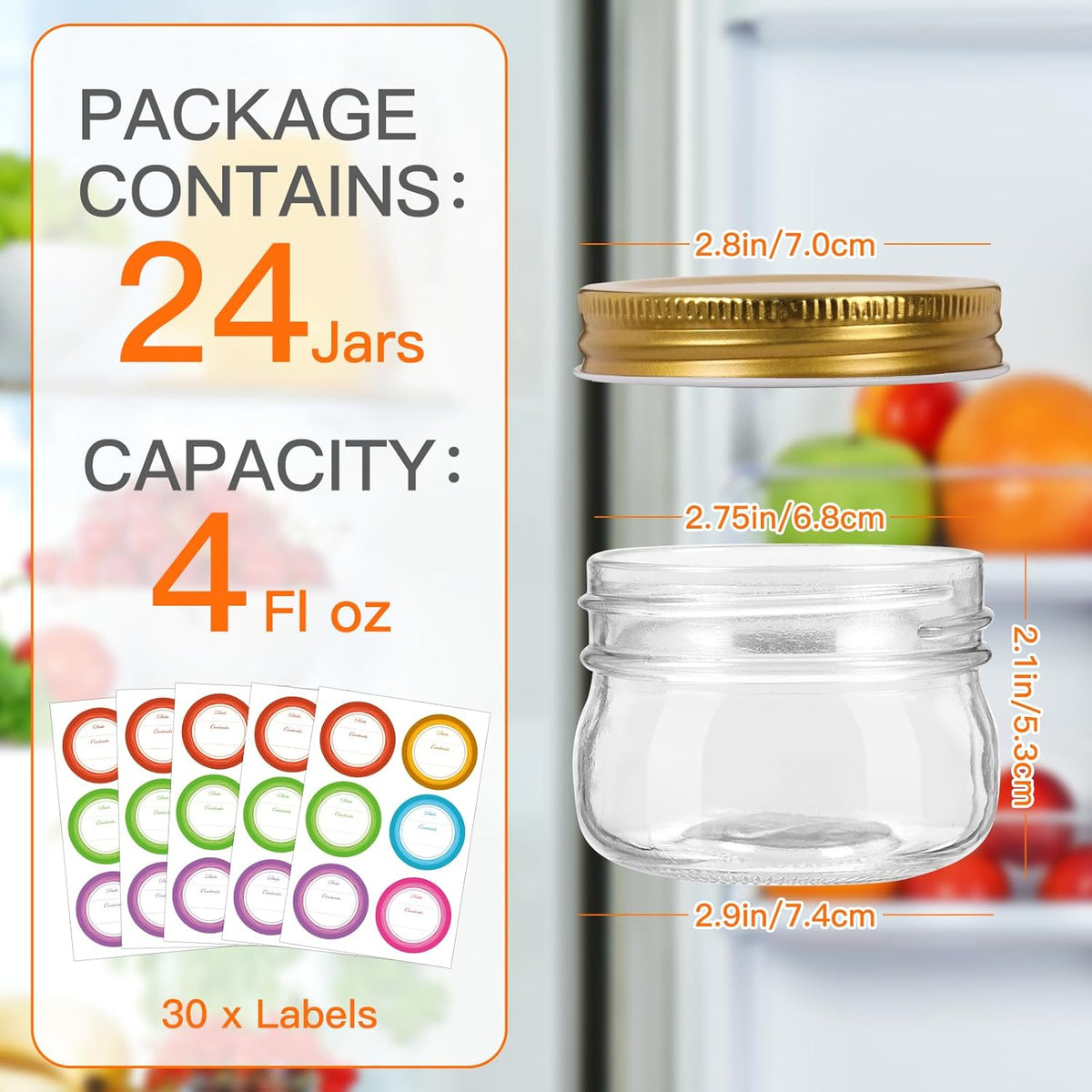 4 oz Mason Jars With Gold Lids, 24 Pack Regular Mouth Canning Jars for Jam, Honey, Yogurt, Spices, Snacks, DIY Projects, Wedding Favors- Includes 30 Stickers