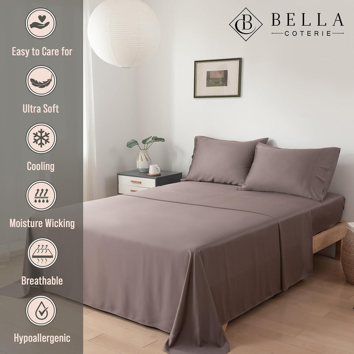 Bella Coterie Luxury Bamboo Viscose Split Top King Size Sheet Set | 100% Organically Grown | Ultra Soft | 34" Split | Cooling for Hot Sleepers | 18" Deep Pocket [Mocha]