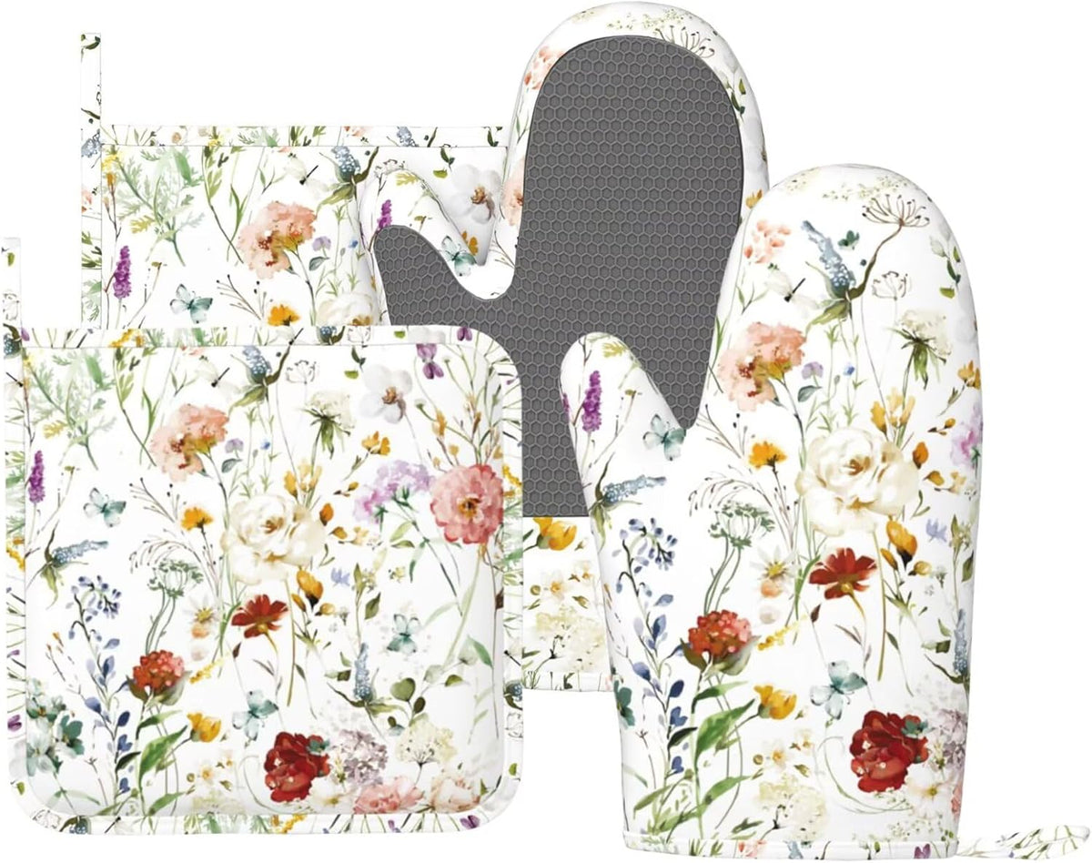 Wildflower Flower Oven Mitts and Pot Holders Set of 4 Silicone Boho Butterfly Hydrangea Kitchen Mitten Gloves and Watercolor Florals Potholders Set Oven Gloves Hot Holders for Kitchen
