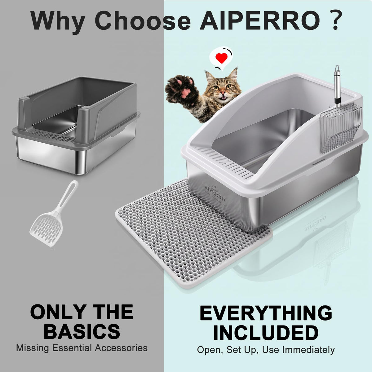 AIPERRO Stainless Steel Litter Box | XL Enclosed Cat Litter Boxes with Lid