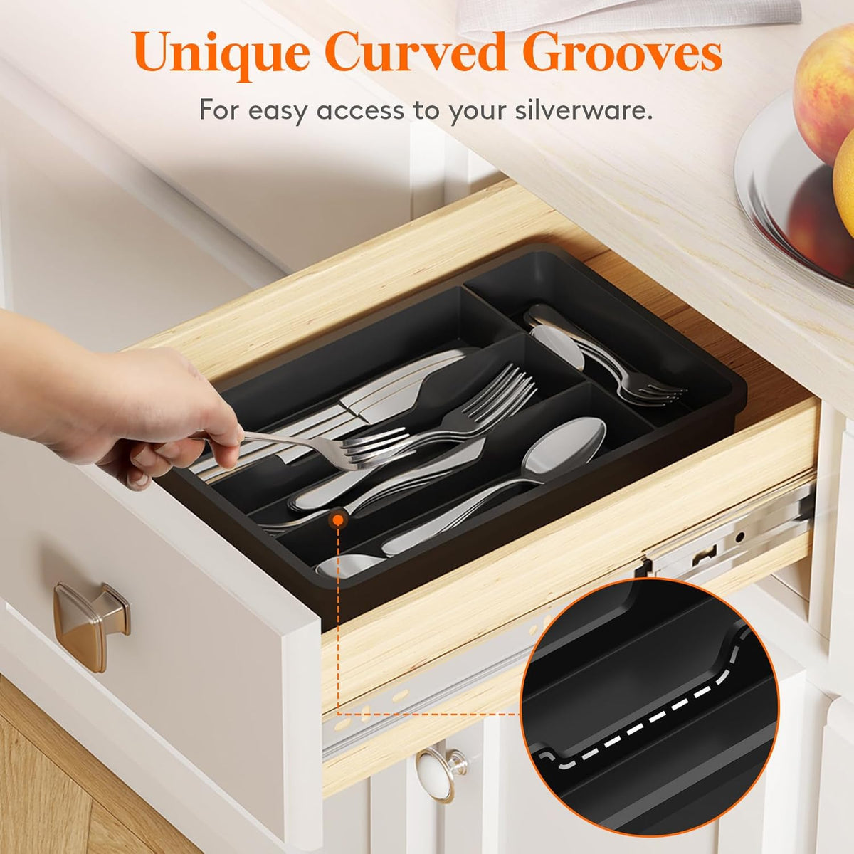 Lifewit Silverware Tray, Cutlery Drawer Organizer Storage for Kitchen, Plastic Flatware Utensil Holder Divider for Spoons Forks Knives Tableware, 4 Compartment, Black
