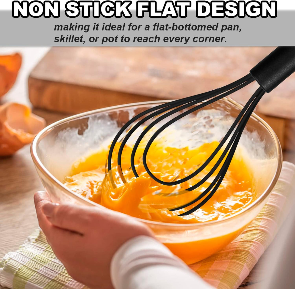 Anaeat Silicone Kitchen Whisk Set of 4, Perfect for Non-Stick Cookware, Egg Beater Milk Blender for Whisking, Cooking, Baking, Beating - 11'' Flat Whisk and 8.5''+10.5''+12'' Balloon Whisks (Black)