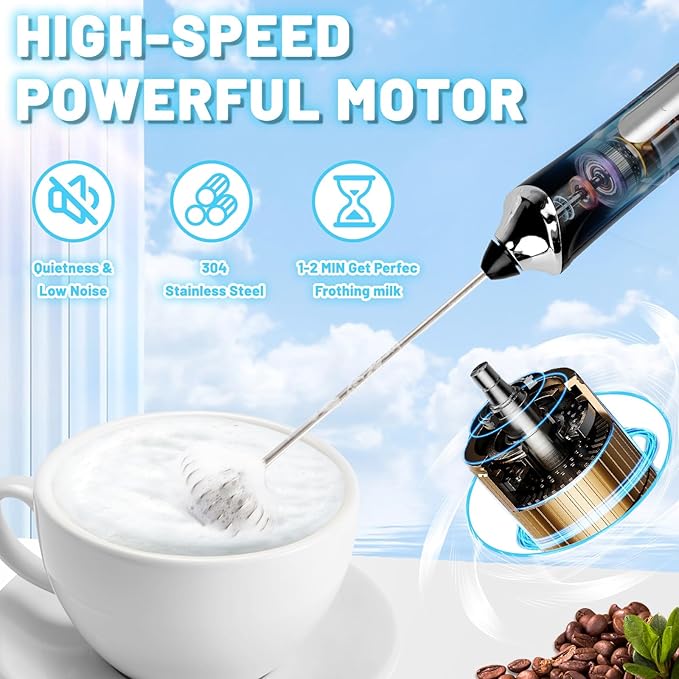 TonJin Milk Frother USB-C Rechargeable Handheld Frother Wand with 2 304 Stainless Whisks, New Upgraded 3 Speeds Coffee Whisk Frother Electric Drink Mixer for Lattes, Cappuccino, Egg, Matcha, Black