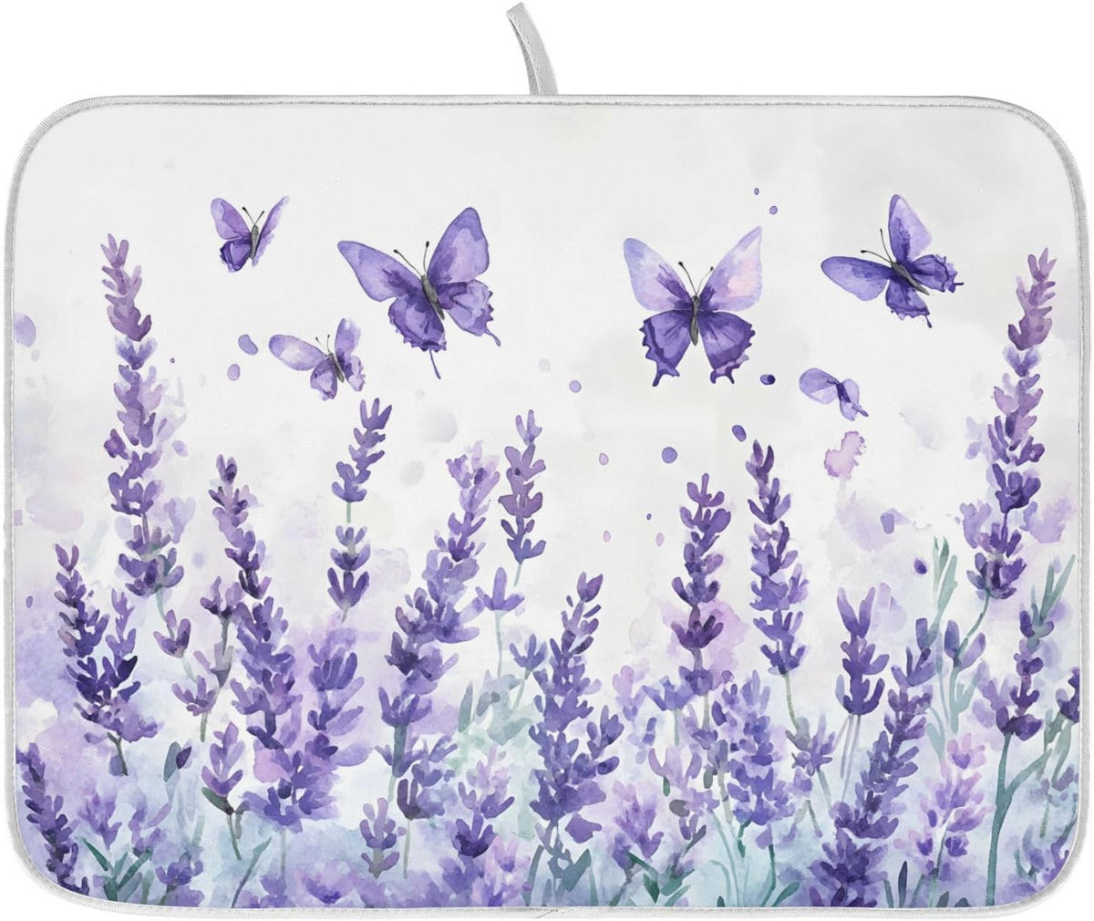 Purple Lavender Spring Summer Flower Floral Dish Drying Mat for Kitchen Counter Absorbent Microfiber Small Drying Pad Dish mats for Kitchen Countertops 16 x 18 Inch
