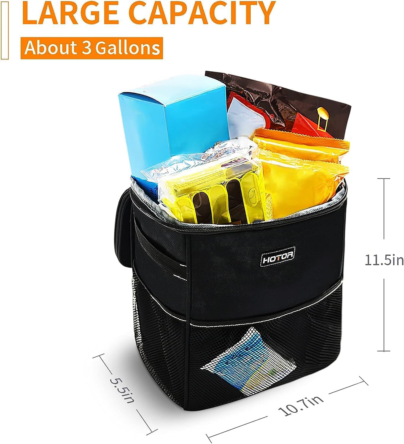 HOTOR Car Trash Can, Leakproof Car Organizer, 3-Gallon, Black