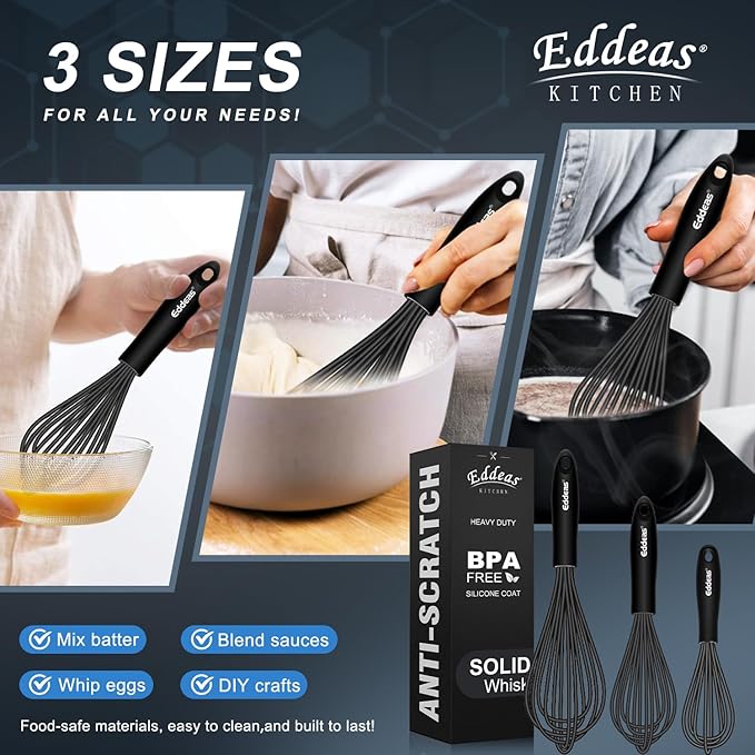 Whisks For Cooking - 500 °F Heat Resistant Silicone Whisk, Heavy Duty 7",9"&11inch Non-Scratch Balloon Kitchen Wisk tool Set, for cooking Wisking, Blending, Beating, Stirring, 3 Piece Black