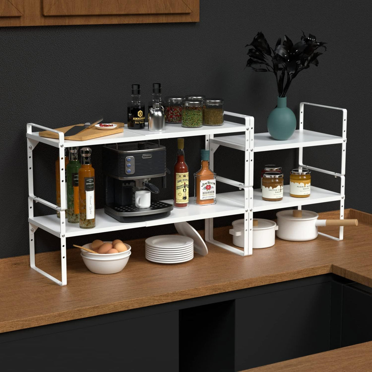 Expandable Cabinet Shelf Organizer, Stackable Kitchen Pantry Counter Storage, Adjustable Closet Cupboard Stand Rack Risers Spice Organization 80LBS Heavy Duty White Small 1 Pack