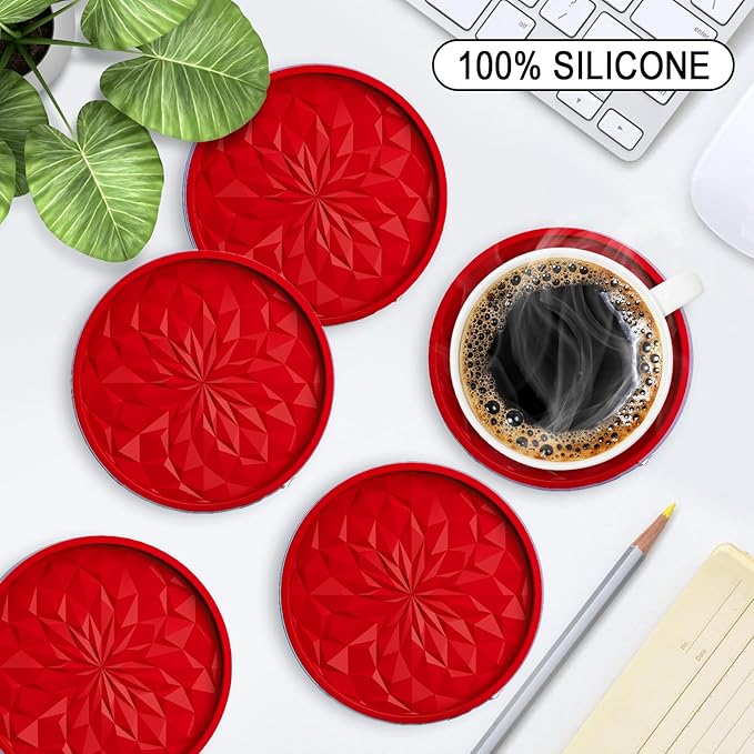 ME.FAN Silicone Coasters with Holder,[6 Pack] Drinking Coasters - Cup Mat for Hot or Cold Drinks, Thickened, Non-Slip, Non-stick,Deep Tray Red