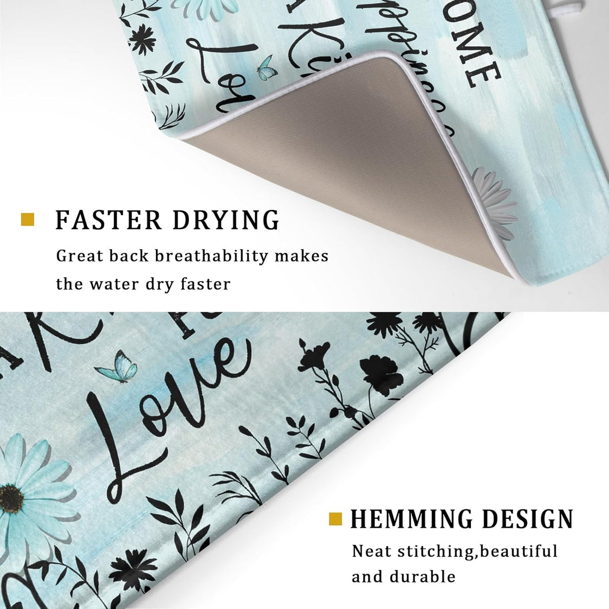 Blue Daisy Dish Drying Mat 18x24 Inch Love Kitchen Absorbent Microfiber Washable Fast Drying Pad Dishes Rack Mat for Kitchen Counter