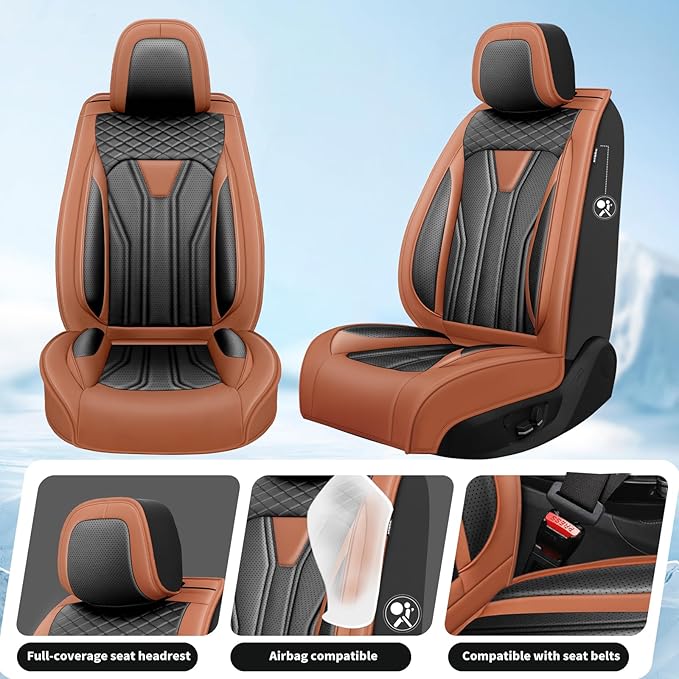 Fit Juke Car Seat Covers Compatible with Nissan Juke 2012-2015 2016 - Full Set Premium Leather， Waterproof Breathable， All-Weather Seat Cushion Protecto&Airbag Compatible（Brown & Black