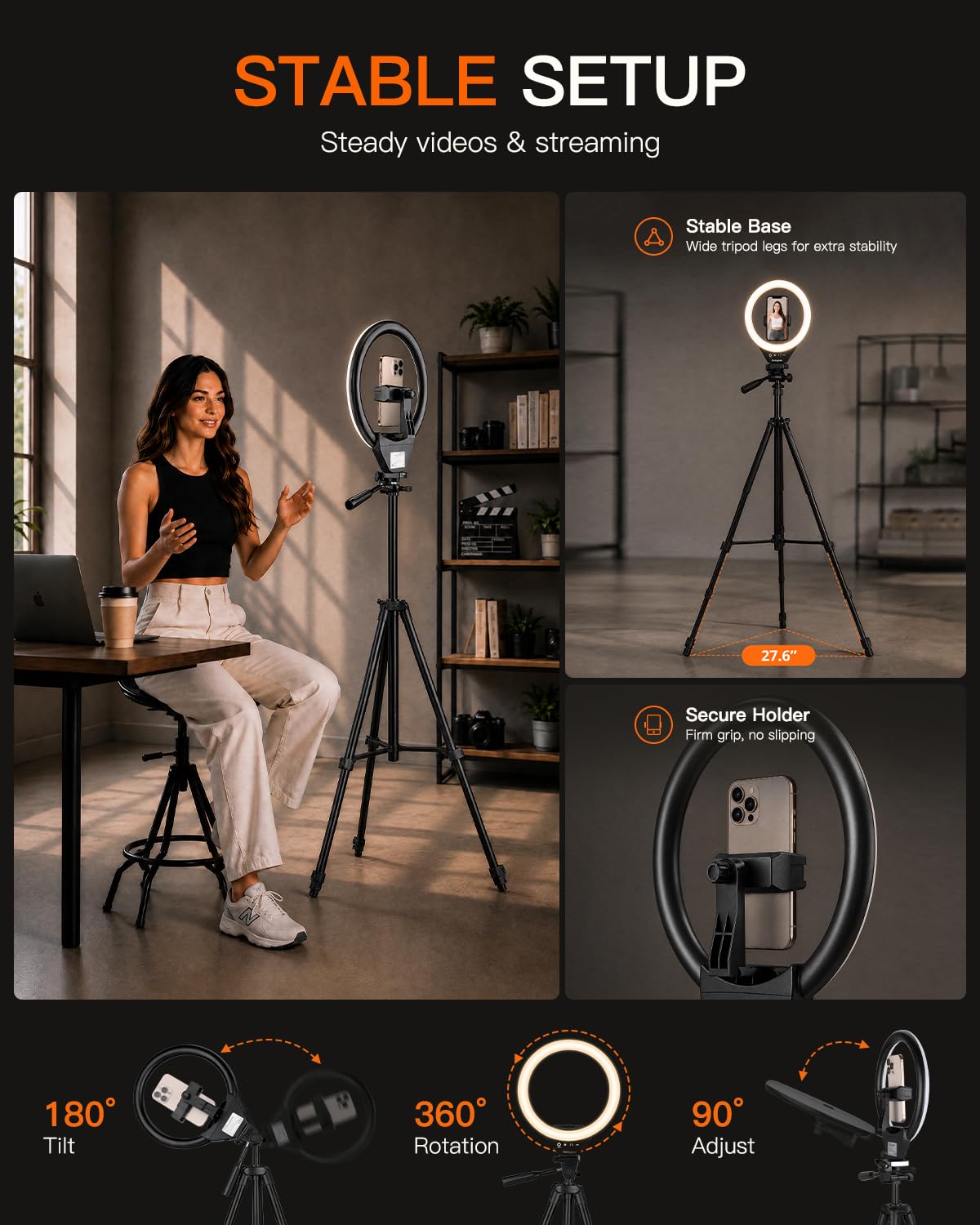 SENSYNE Ring Light with Stand, 50" Phone Tripod with Wireless Remote
