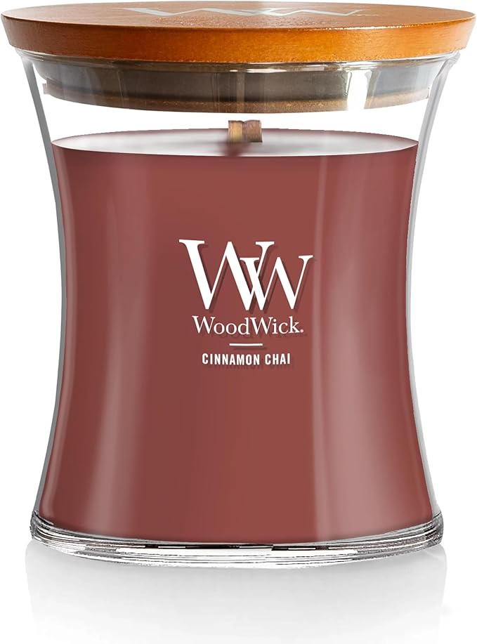 WoodWick Cinnamon Chai Holiday Candle Gifts for Women and Men, 9.7 oz Medium Hourglass Candle with Crackling Wick