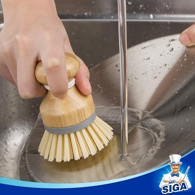 MR.SIGA Bamboo Palm Brush, Scrub Brush for Dishes Pots Pans Kitchen Sink Cleaning, Pack of 2