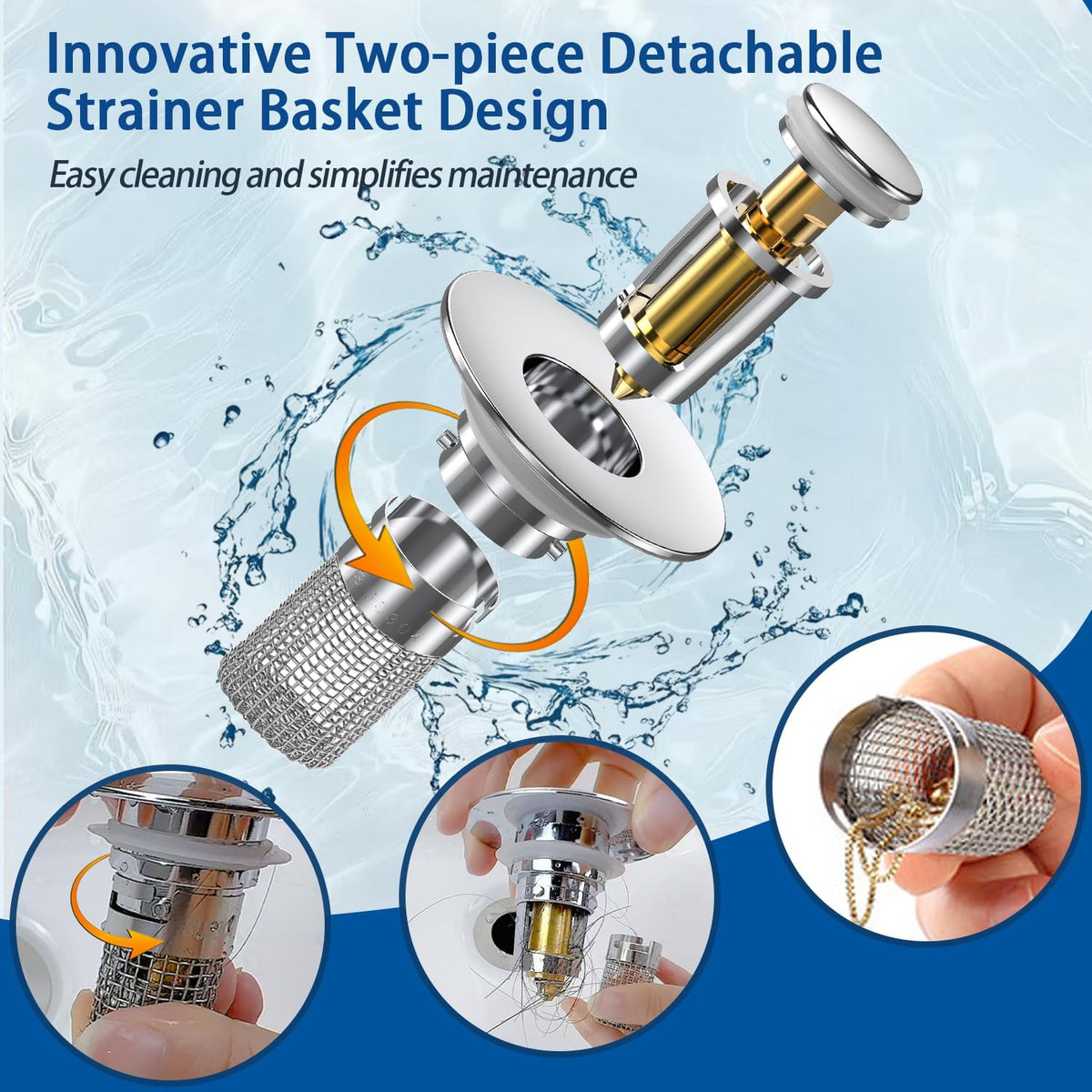 2PCS Sink Stopper Hair Catcher, Pop-up Sink Drain Strainer with Removable Stainless Steel Strainer Basket Hair Catcher, Bathroom Sink Strainer for Bathroom Sink Stopper Replacement.