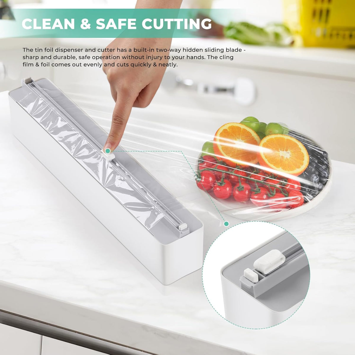 Magnetic Plastic Wrap Dispenser with Cutter - Quasziwa Upgrade Practical Refillable Cling Wrap Aluminum Tin Foil Organizer for Drawer, Include an Extra Roll of 12"X 164' Food Cling Film - Grey