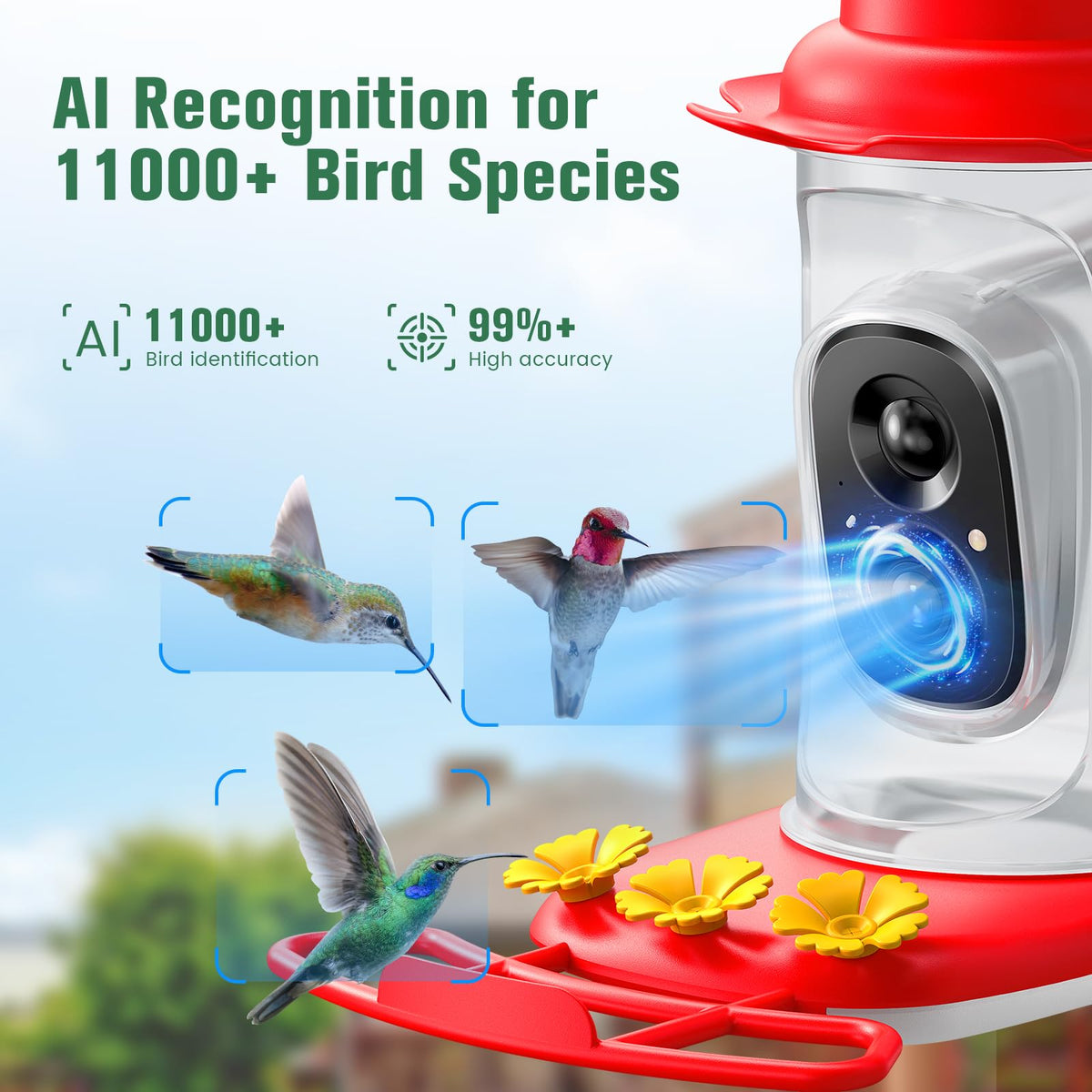 KEEPYOO 2.5K Hummingbird Feeder with Camera Solar Powered, Wireless Smart Bird Feeders for Outdoors, AI Identify Bird Species, Instant Notification, Ant Moat & Bee-Proof, Gift for Birds Lovers (Red)