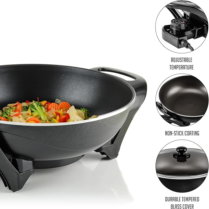 OVENTE Electric Wok with Nonstick Coating, 13 Inch Family-Sized Skillet, 1400W Power, Adjustable Temperature, Tempered Glass Lid, Cool Touch Handles and Easy to Clean Frying Surface, Black SK3113B