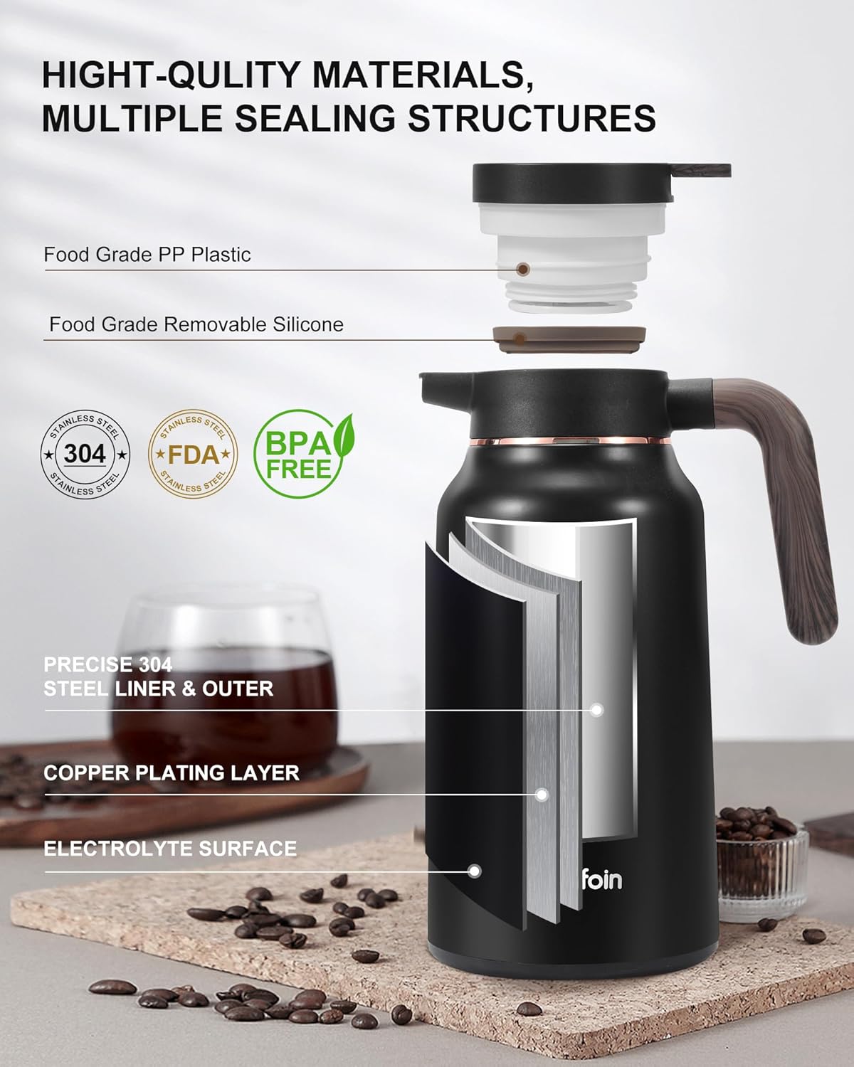 Carafes for Hot Liquids 70 oz - 36 Hour Stainless Steel Thermal Coffee Carafe-Insulated Coffee Carafes For Keeping Hot/Cold Coffee, Tea, Water, Drink Dispenser for Parties(Black)
