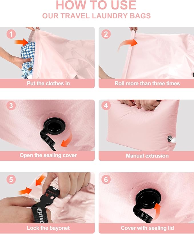 Travel Laundry Bag, Pump Free Vacuum Storage Bag Reusable Compression Dirty Clothes Travel Bag Waterproof Wet Dry Bags Large Capacity Space Saver Bags Camp Clothes Organizer (1 Pcs)(Pink, M)