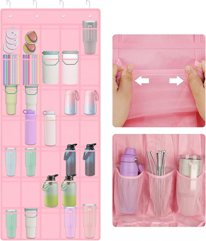 NiHome Multi-Functional 35 Pockets Door Hanging Organizer for Stanley Tumbler in Kitchen, Pantry, Bathroom, Large Capacity Elastic Mesh Secure Storage Water Bottle Cup Holder, Foldable for Home (Pink)
