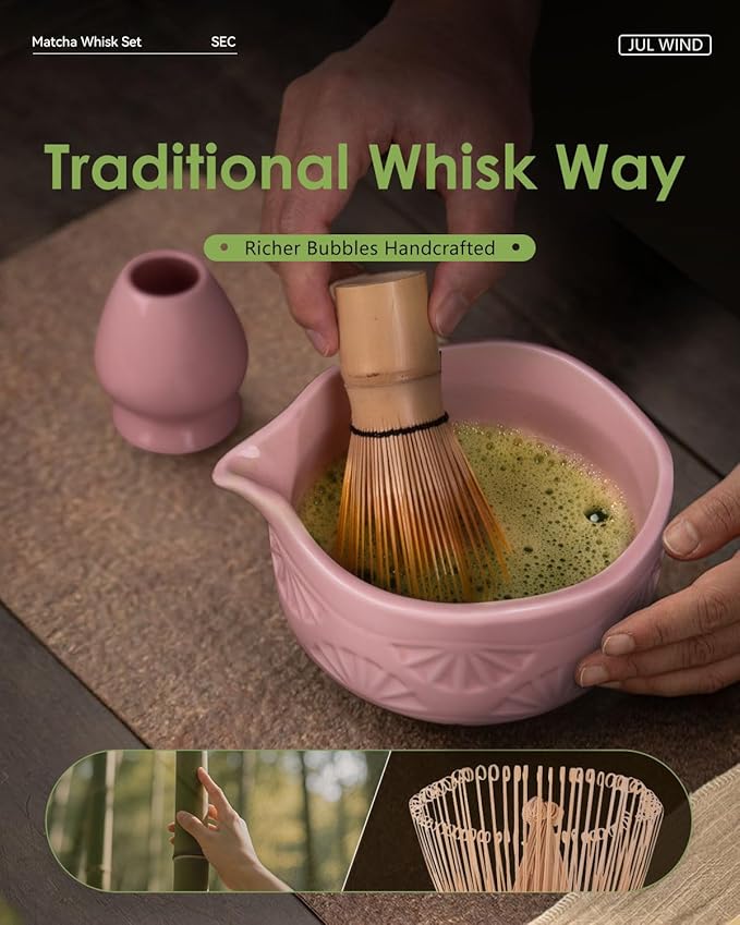 Matcha Whisk Set, Ceramic Matcha Set Includes Matcha Bowl with Spout, Matcha Whisk and Holder, Bamboo Scoop, Sifter and Tea Towel - 6 Pcs Matcha Kit Gift for Matcha Lovers (Pink)