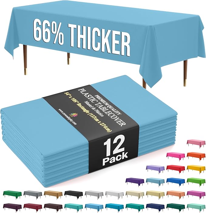 Exquisite 66% Thicker Premium Plastic Table Cloth Rectangle Table Cover 0.5 Mil 12 Pack Sky Blue Table Cloth 54 Inch x 108 Inch Disposable Tablecloth Won't Tear Easily Like Cheap Thin Brands