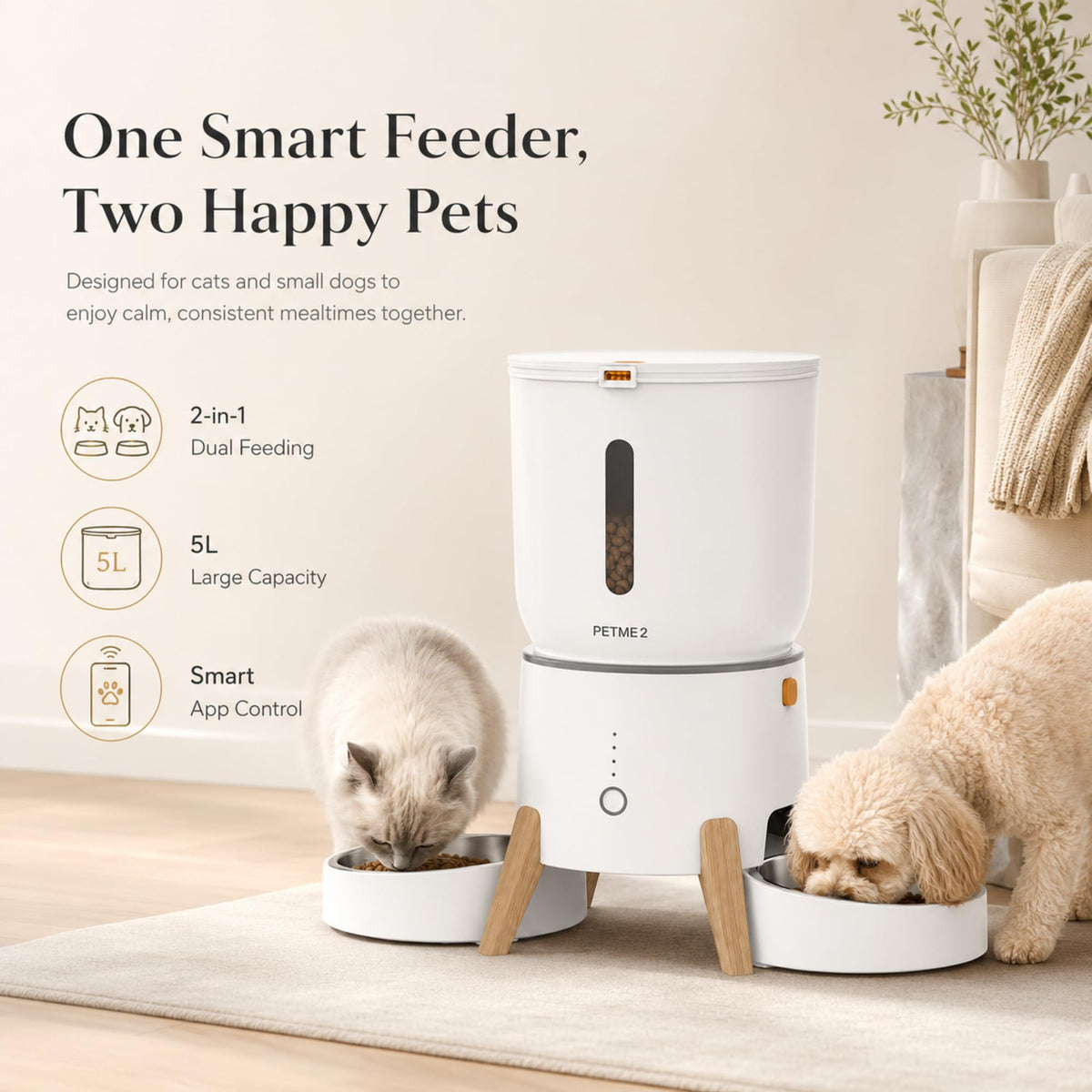 PETME2 Dual Bowl Automatic Cat Feeder - 5L WiFi Smart Elevated Cat Feeding Station with App Control, Voice Recording, Dual Power Options, Stainless Steel Cat Bowls & Anti-Jam Technology for Small Dogs