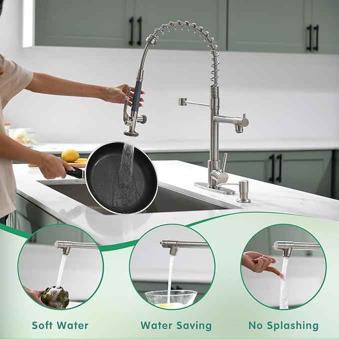 Fapully Commercial Pull Down Kitchen Sink Faucet with Sprayer Brushed Nickel Single Handle Faucets for Kitchen Sink, Kitchen Faucet with Soap Dispenser and Deck Plack for 4 Hole
