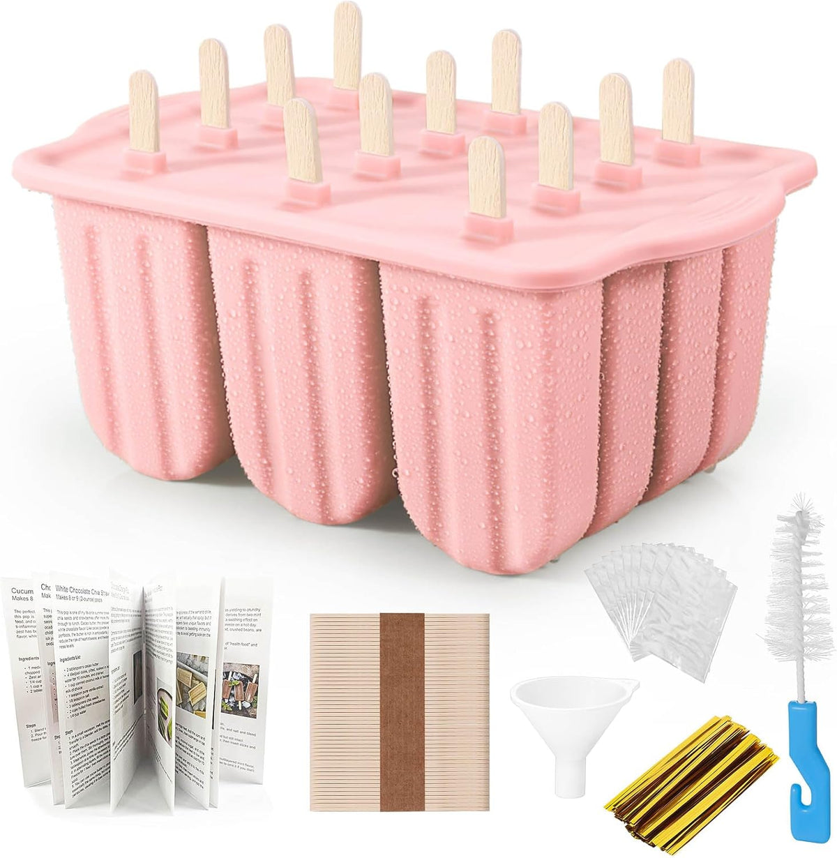 Silicone Popsicles Molds,Ice Pop Cream Mold Set Homemade Toddler Popsicle Maker For Kids Para Paletas De Helado Kulfi BPA Free, with 50 Sticks, 50 Bags,50 wire Ties (Pink)