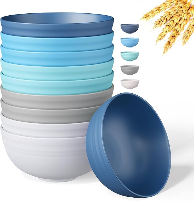 Quatish 10 PCS Unbreakable Cereal Bowls,Dishwasher & Microwave Safe Wheat Straw Bowls, Easy-to-Clean Lightweight Snack & Soup Bowl,Multi-Color Portable for Picnics Plastic Bowls Set, Blue