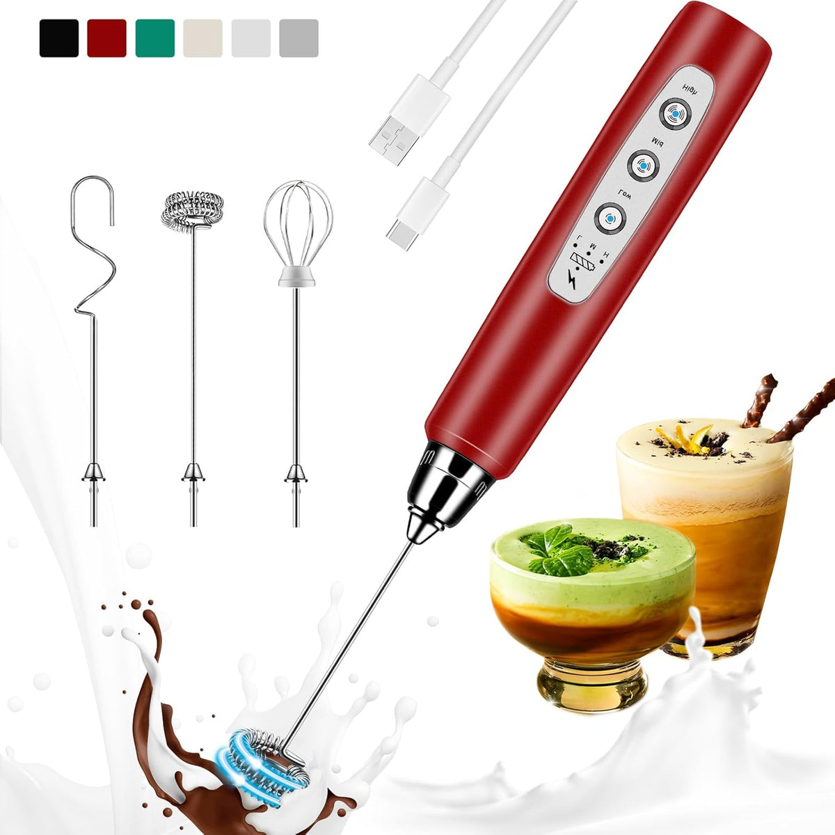 Milk Frother Handheld Rechargeable, Frother Wand Drink Mixer Electric Whisk for Coffee, Detachable With 3 Stainless Whisks, Hand Mixer for Lattes, Cappuccino, Matcha, Egg, No Stand, Red