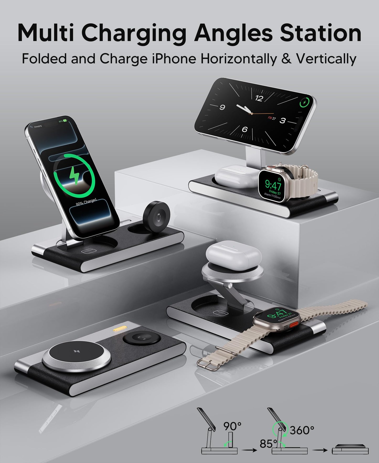 3 in 1 Magnetic Wireless Charging Station for Apple Devices,Foldable Wireless Charger Stand for Magsafe iPhone 17 Air 16/15/14/13/12,Apple Watch,AirPod,Wireless Charger Dock with Night Light