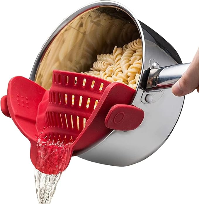 Kitchen Gizmo Snap N Strain Silicone Pot Strainer - Adjustable Clip-On Pasta Strainer for Pots, Pans, and Bowls - Large Red Kitchen Colander