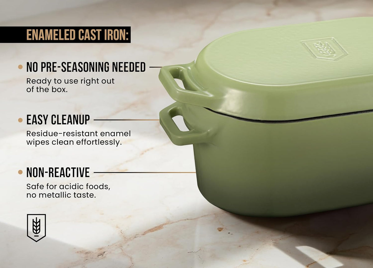Kook Dutch Oven with Lid, Dual Handles, Enameled Cast Iron, Great for Baking Bread, Cooking and Roasting, Dishwasher Safe, 3.4 Qt, Sage Ombre
