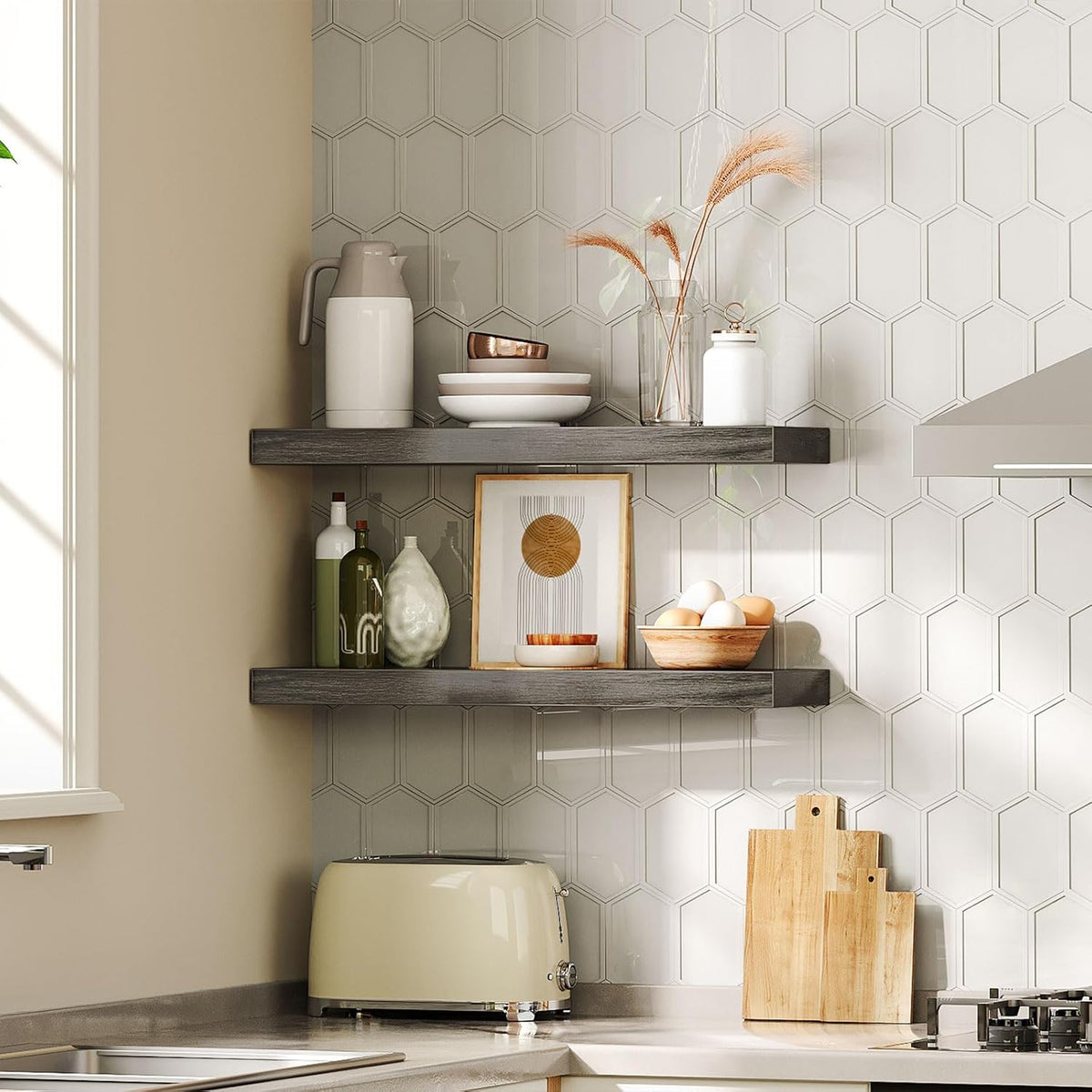 HOOBRO Floating Shelves for Wall, Wall Mounted Shelf Set of 2, 23.6" Hanging Shelf with Invisible Brackets, for Wall in Bathroom, Bedroom, Toilet, Kitchen, Living Room, Office, Charcoal Gray BC60BJ01