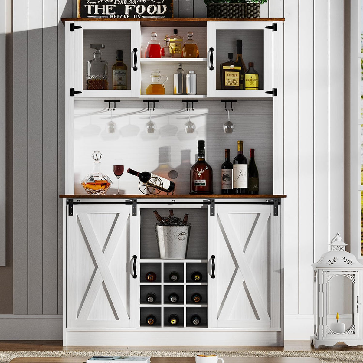 4ever2buy Farmhouse Coffee Bar Cabinet with Sliding Barn Doors, 72'' Hutch Cabinet with Storage, White Bar Cabinet with Glass Doors and Wine Rack, Tall Wine Bar for Living Dining Room