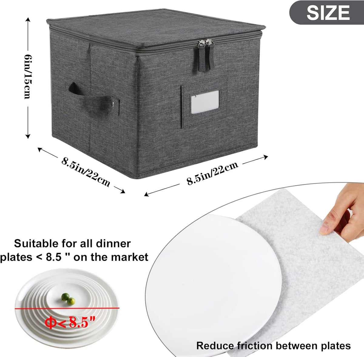 popoly China Storage Container for Bowls or Dessert Plates, 8.5" W x 6" H Plate Storage Case with 24 Felt Dividers, Hard Shell and Stackable (2 Pack Grey)