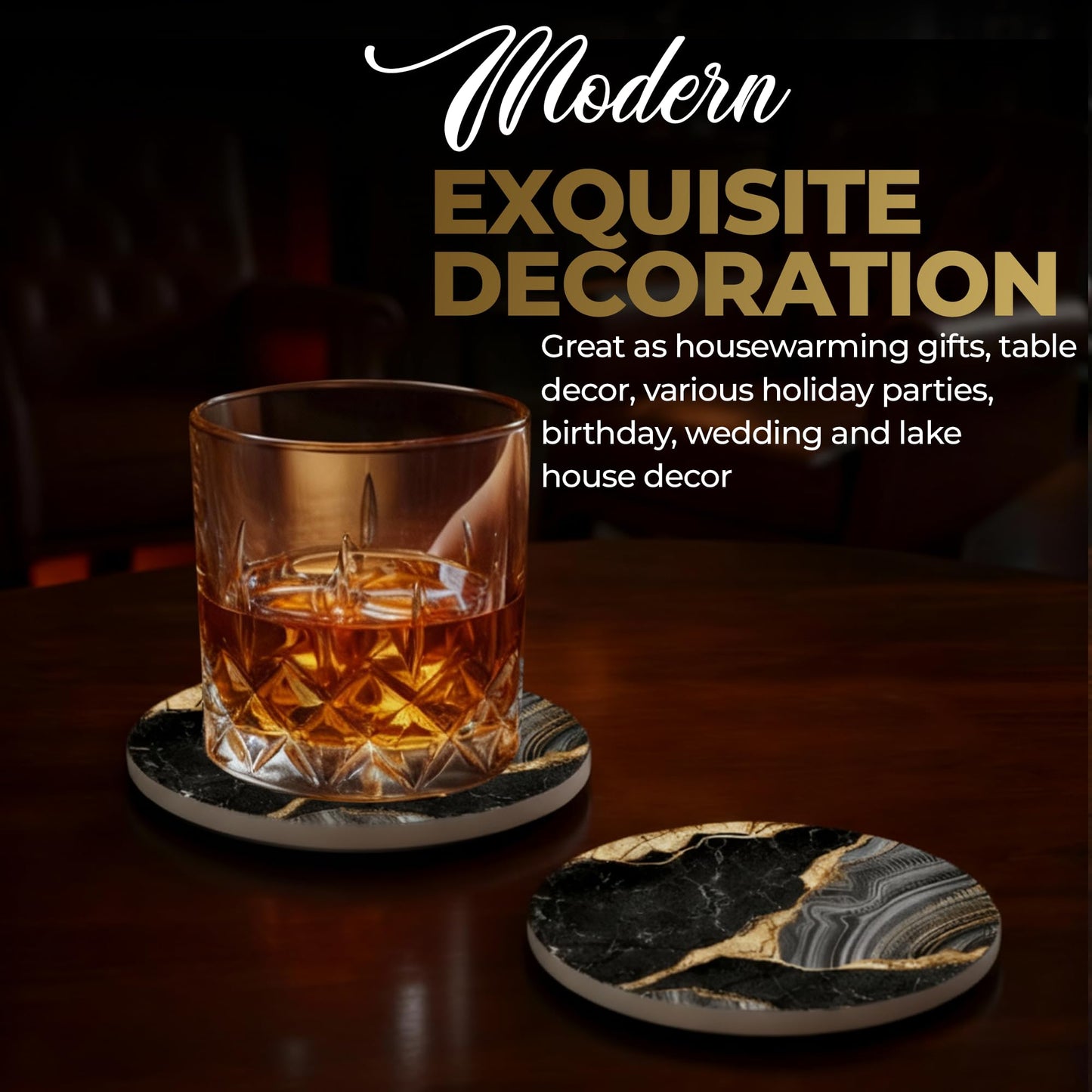 Elegant Black & Gold Marble Ceramic Coasters - Set of 6 with Gold Metal Holder - Round Drink Coasters for Coffee, Tea, Whiskey, Wine - Stylish Home & Kitchen Decor