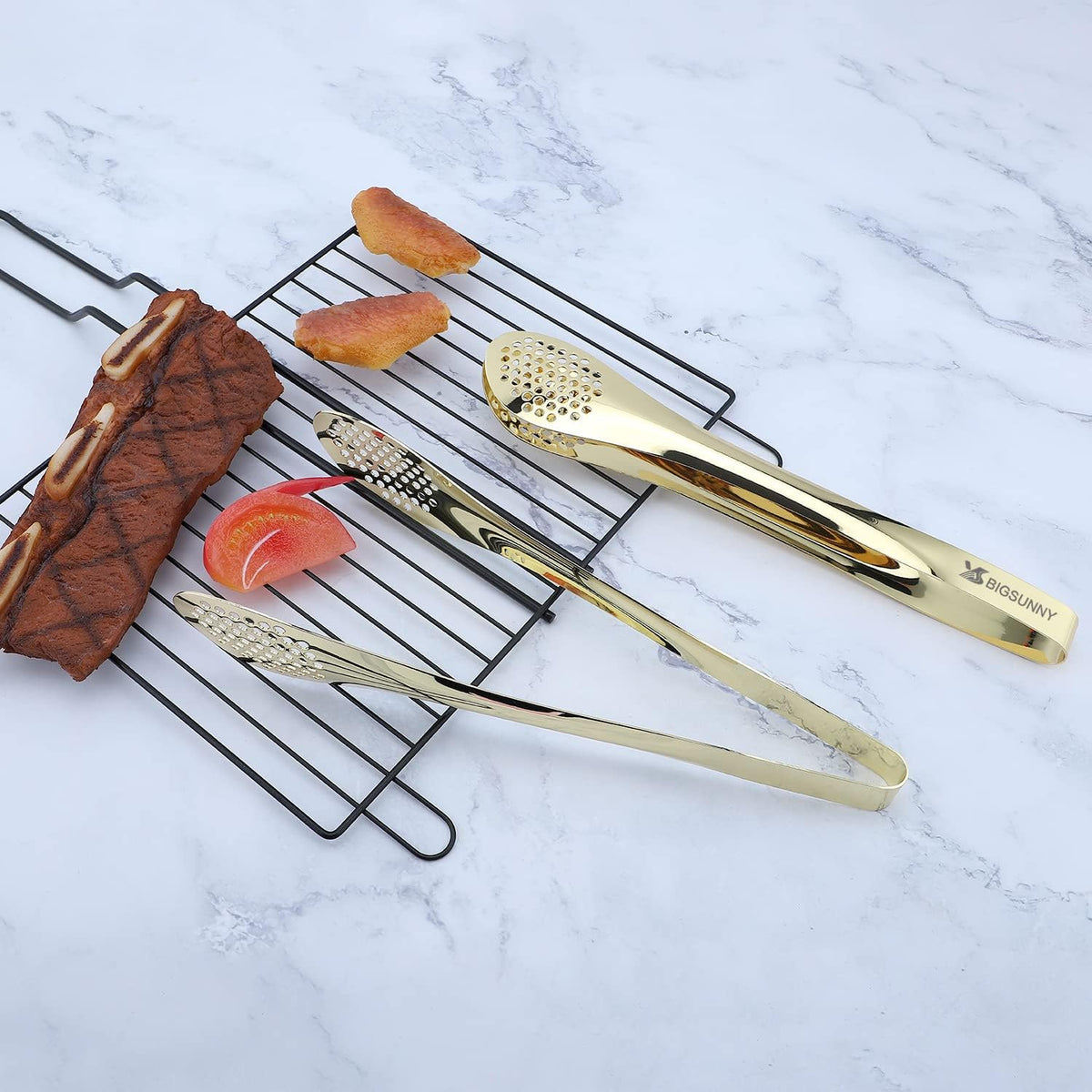 MSY BIGSUNNY Stainless Steel Buffet Tongs - Kitchen Food Tong for Cooking and Serving (Gold 11" Serving Tongs)