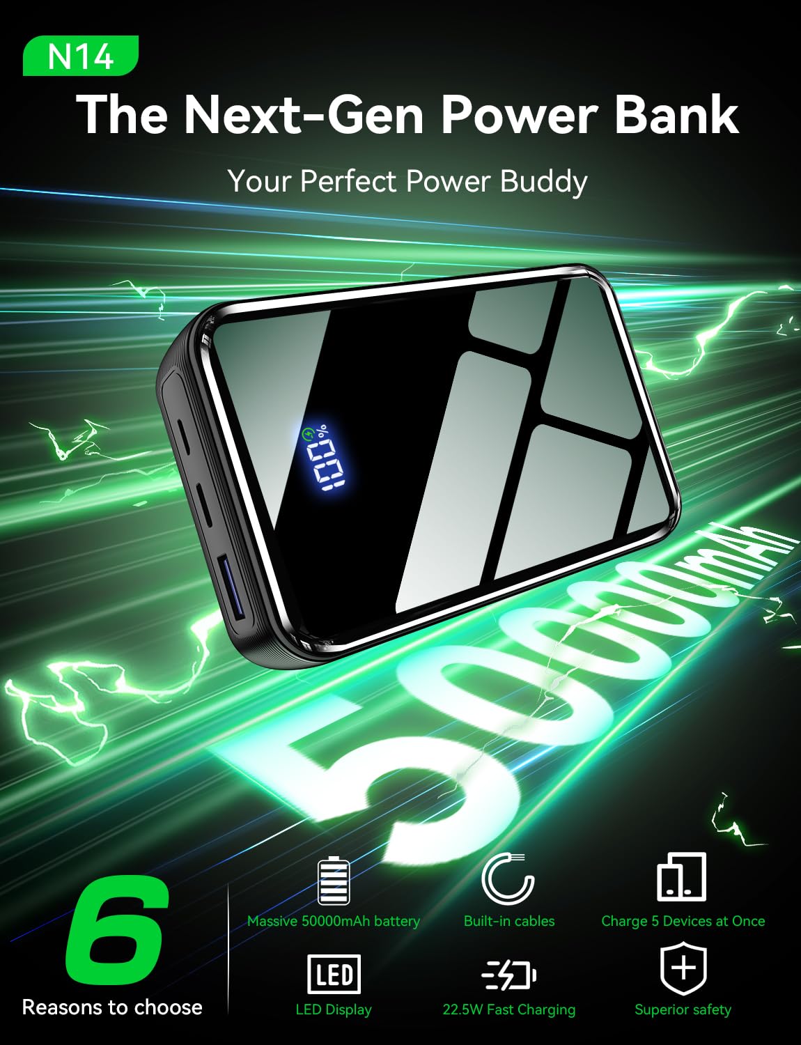 YBYP 50000mAh Portable Charger, 50% Smaller Power Bank Built-in 4 Cables