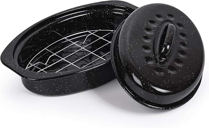 13” Roaster Pan with Lid and Rack, Small Enamel Roaster Pan with Oval Roasting Rack, Granite Baking Pot for Chicken Turkey Lamb, Heat Resistant, Oven/Dishwasher/All Stovestops Compatible